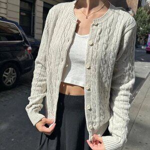 BRANDY MELVILLE OLSEN WOOL CABLE KNIT CARDIGAN - HEATHER LIGHT GREY